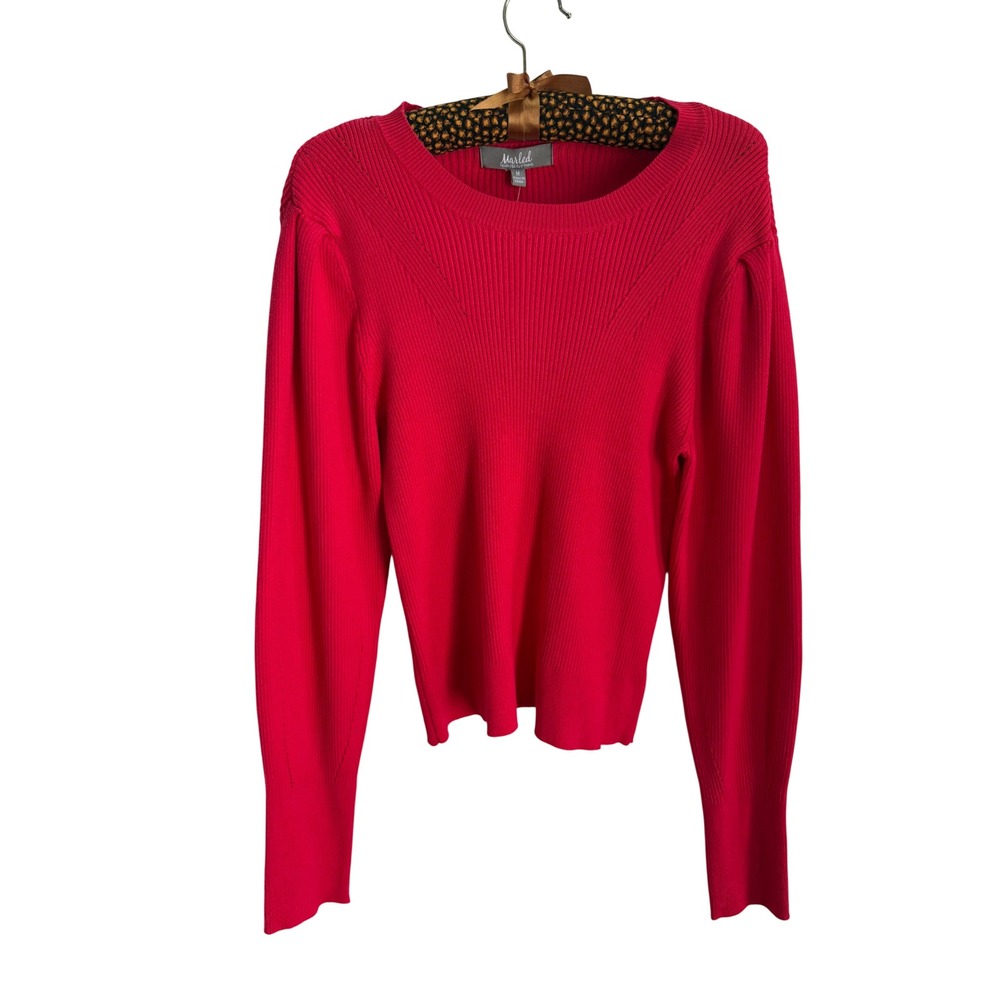 Marled Reunited Clothing Red Ribbed Puff Shoulder Crew Neck Sweater Womens Med